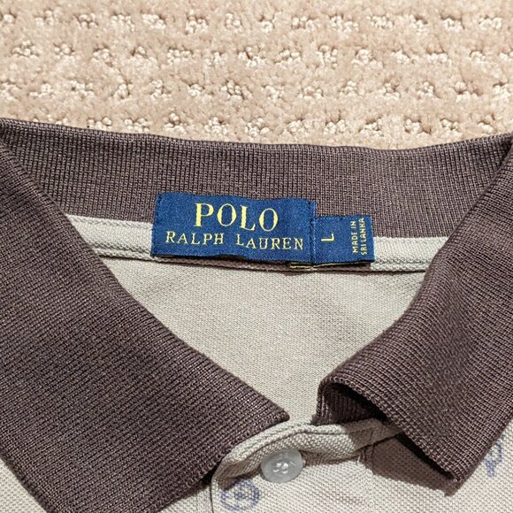 Polo Ralph Lauren Men's Large (Medium) Polo Shirt Brown Hunting Camping AOP - Picture 2 of 8